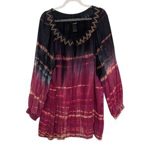 Ali Miles Tie Dye Peasant Shirt Womens Size 1X Purple Embroidered Art to Wear